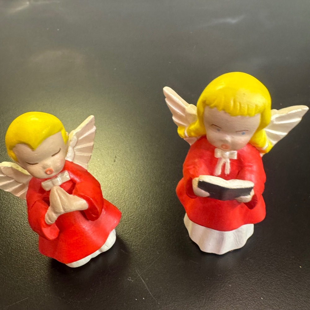 Vintage Style Angel Figurines Set of 2 Red White Christmas Choir Cherubs